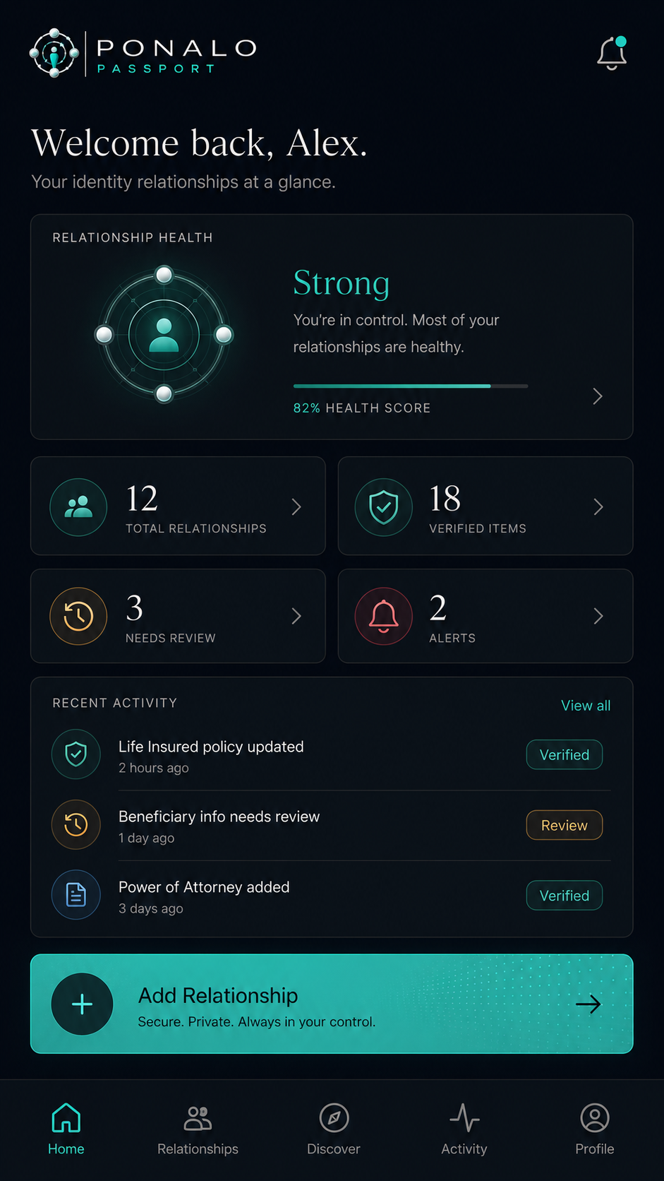 PONALO Passport mobile overview with relationship health and user information